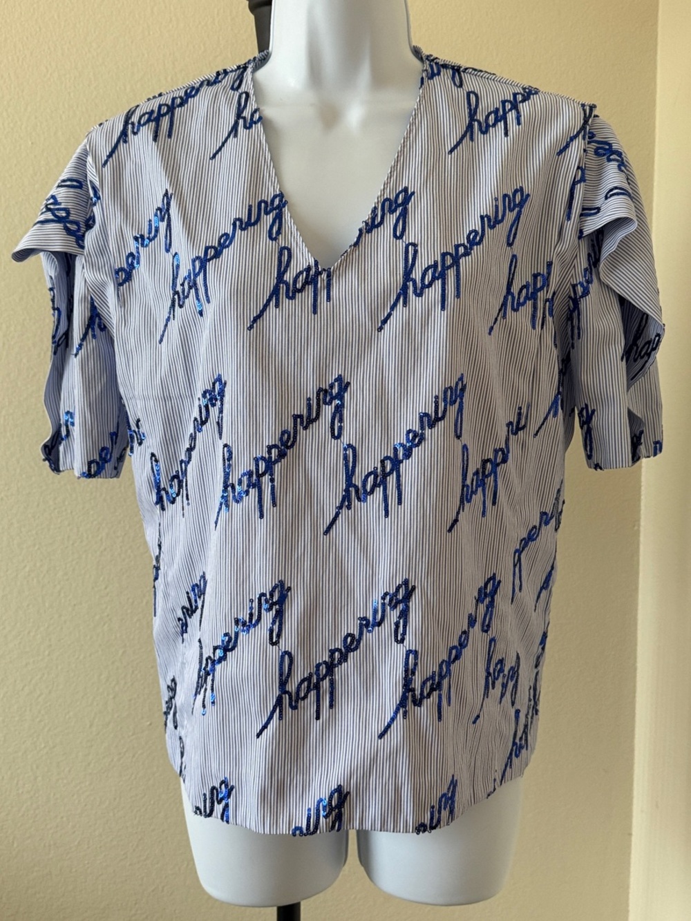 Sandro Striped V-Neck Short Sleeve Shirt with 'Happening' Script - Blue